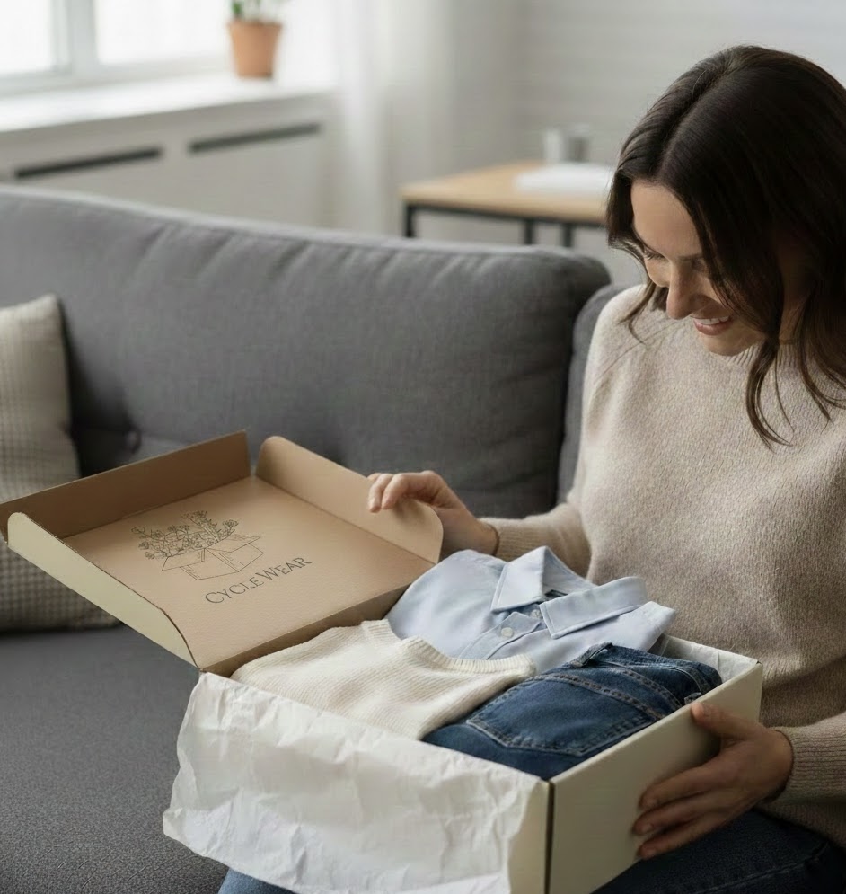 Accueil cliente qui reçoit une box de vêtements de seconde main, montre la satisfaction client